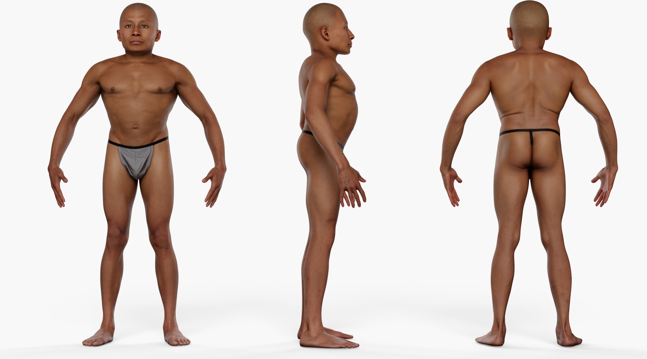 Full body 3D scan of a lean athletic male with smooth skin and defined musculature
